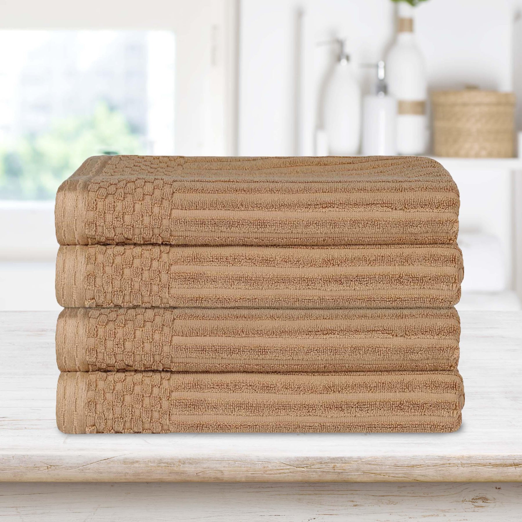  Superior Soho Ribbed Textured Cotton Ultra-Absorbent Bath Sheet & Bath Towel Set - Coffee