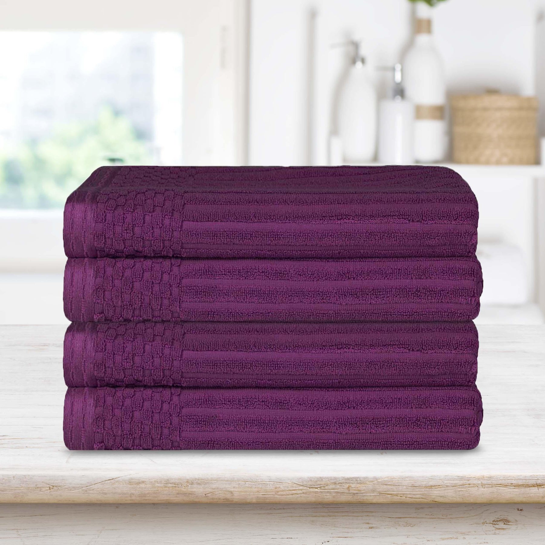  Superior Soho Ribbed Textured Cotton Ultra-Absorbent Bath Sheet & Bath Towel Set - Plum