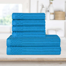 Superior Soho Ribbed Textured Cotton Ultra-Absorbent Hand and Bath Towel Set - Azure
