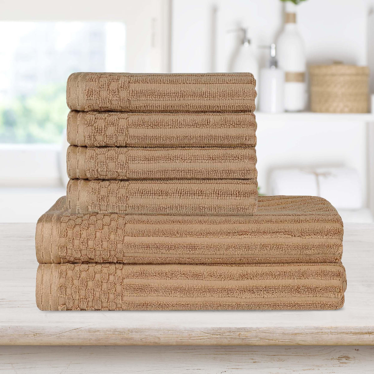 Superior Soho Ribbed Textured Cotton Ultra-Absorbent Hand and Bath Towel Set - Coffee