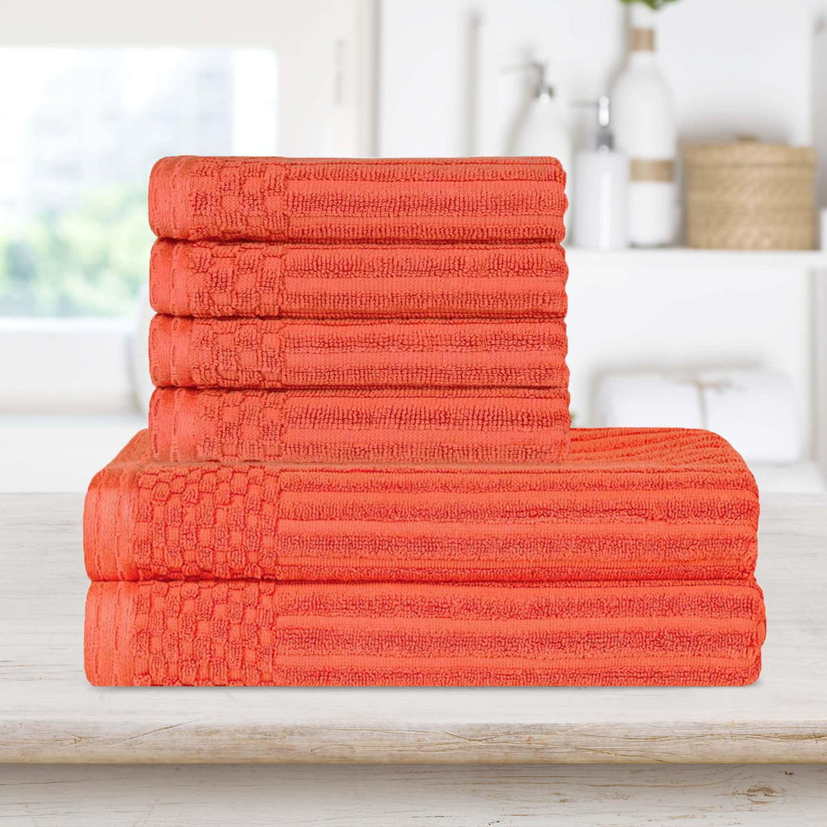 Superior Soho Ribbed Textured Cotton Ultra-Absorbent Hand and Bath Towel Set - Coral
