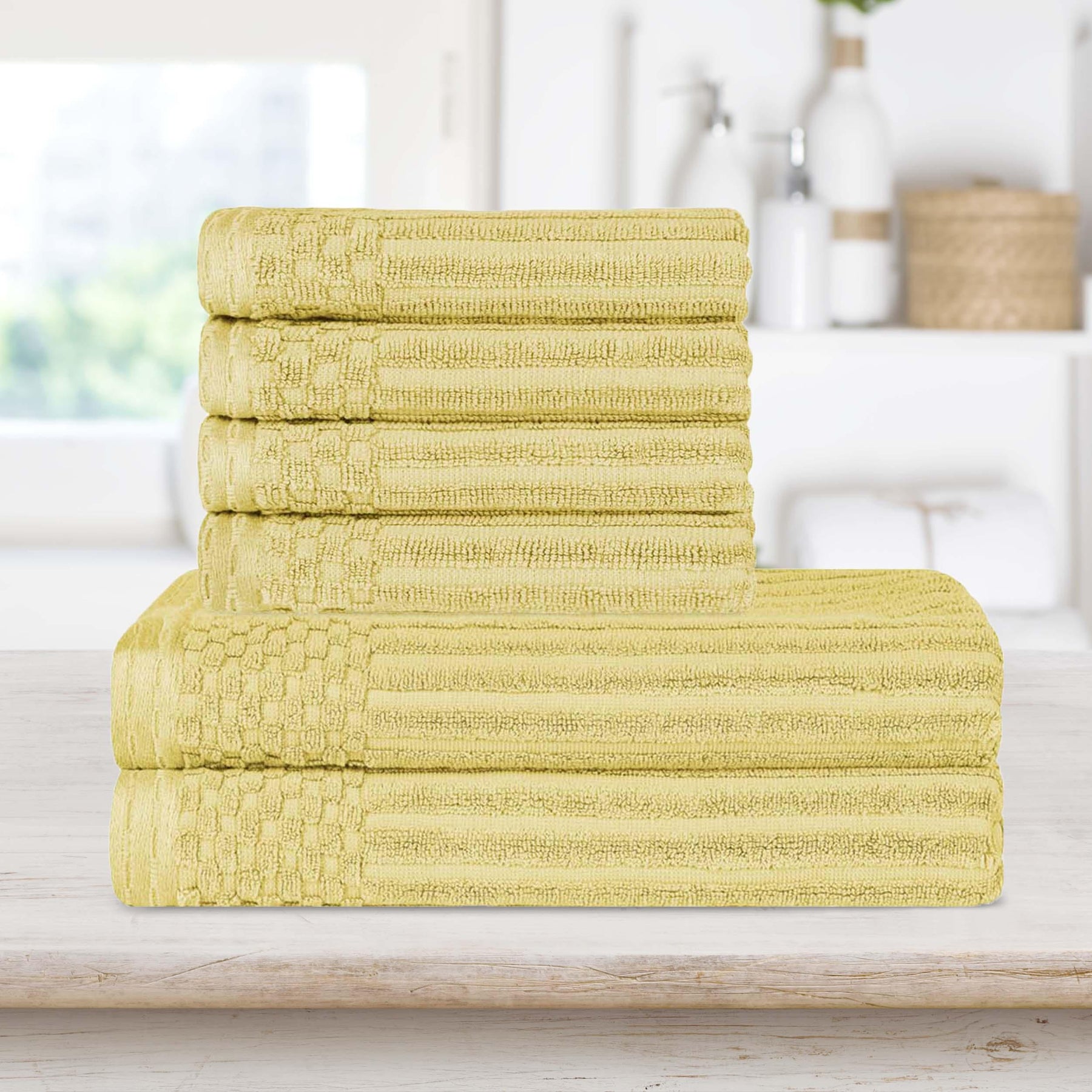 Superior Soho Ribbed Textured Cotton Ultra-Absorbent Hand and Bath Towel Set - Golden Mist