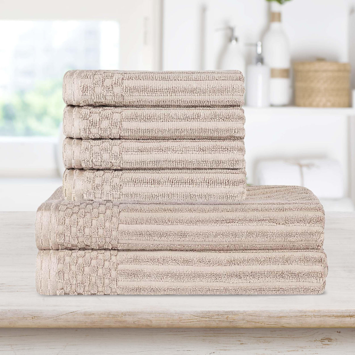 Superior Soho Ribbed Textured Cotton Ultra-Absorbent Hand and Bath Towel Set - Ivory
