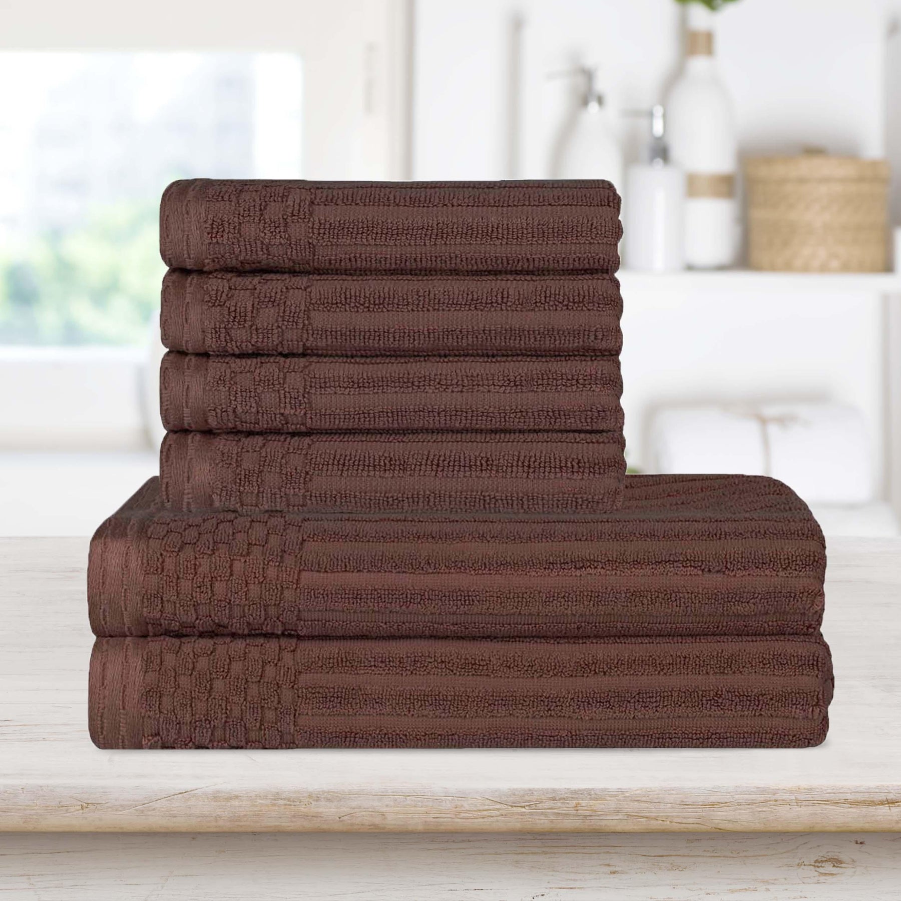 Superior Soho Ribbed Textured Cotton Ultra-Absorbent Hand and Bath Towel Set - Java