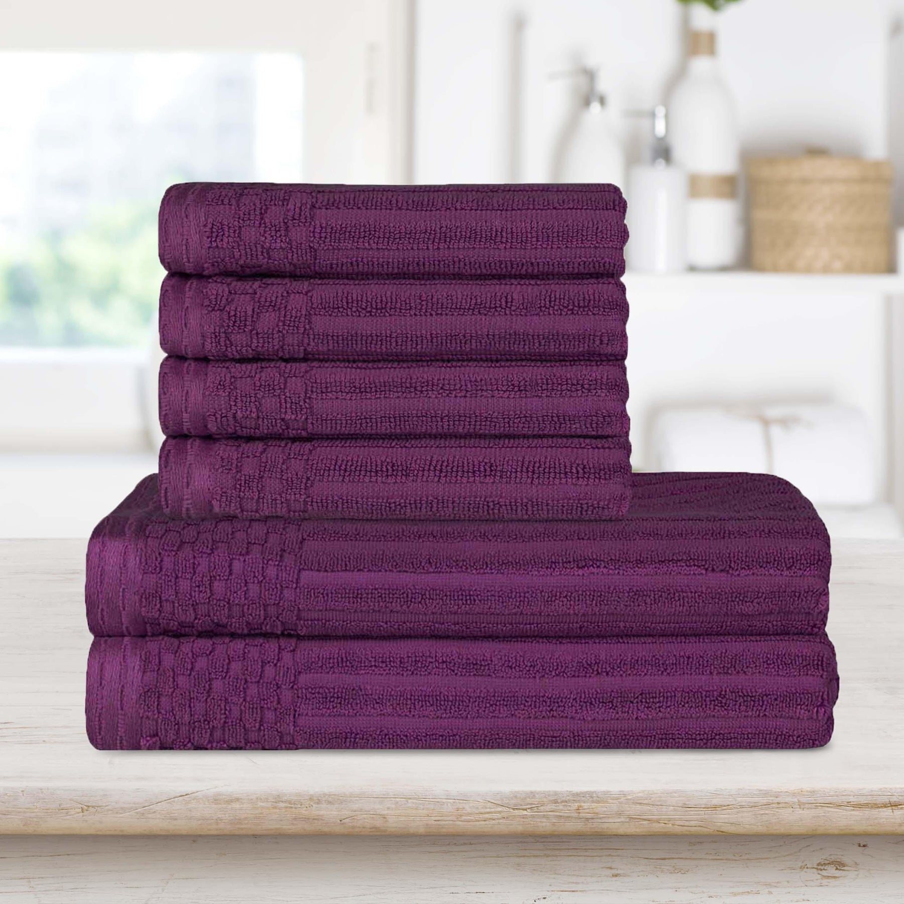  Superior Soho Ribbed Textured Cotton Ultra-Absorbent Hand and Bath Towel Set - Plum