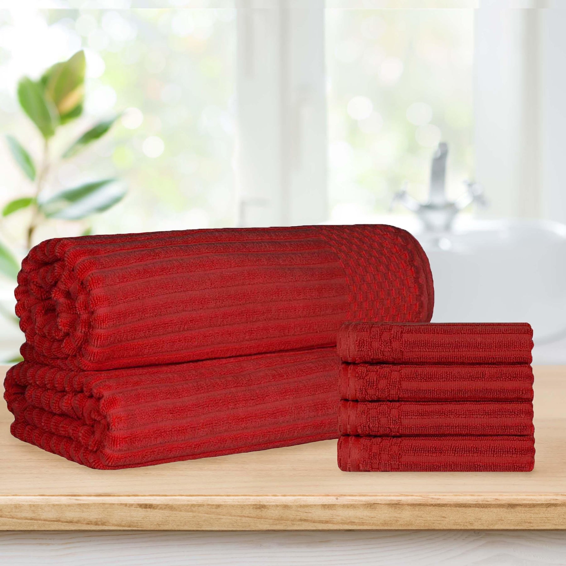 Superior Soho Ribbed Textured Cotton Ultra-Absorbent Hand Towel and Bath Sheet Set - Burgundy