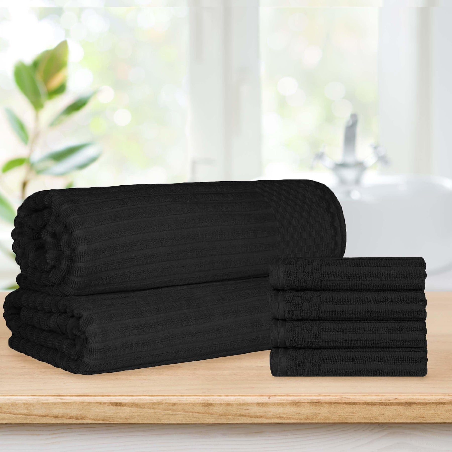 Superior Soho Ribbed Textured Cotton Ultra-Absorbent Hand Towel and Bath Sheet Set - Black
