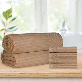 Superior Soho Ribbed Textured Cotton Ultra-Absorbent Hand Towel and Bath Sheet Set - Coffee