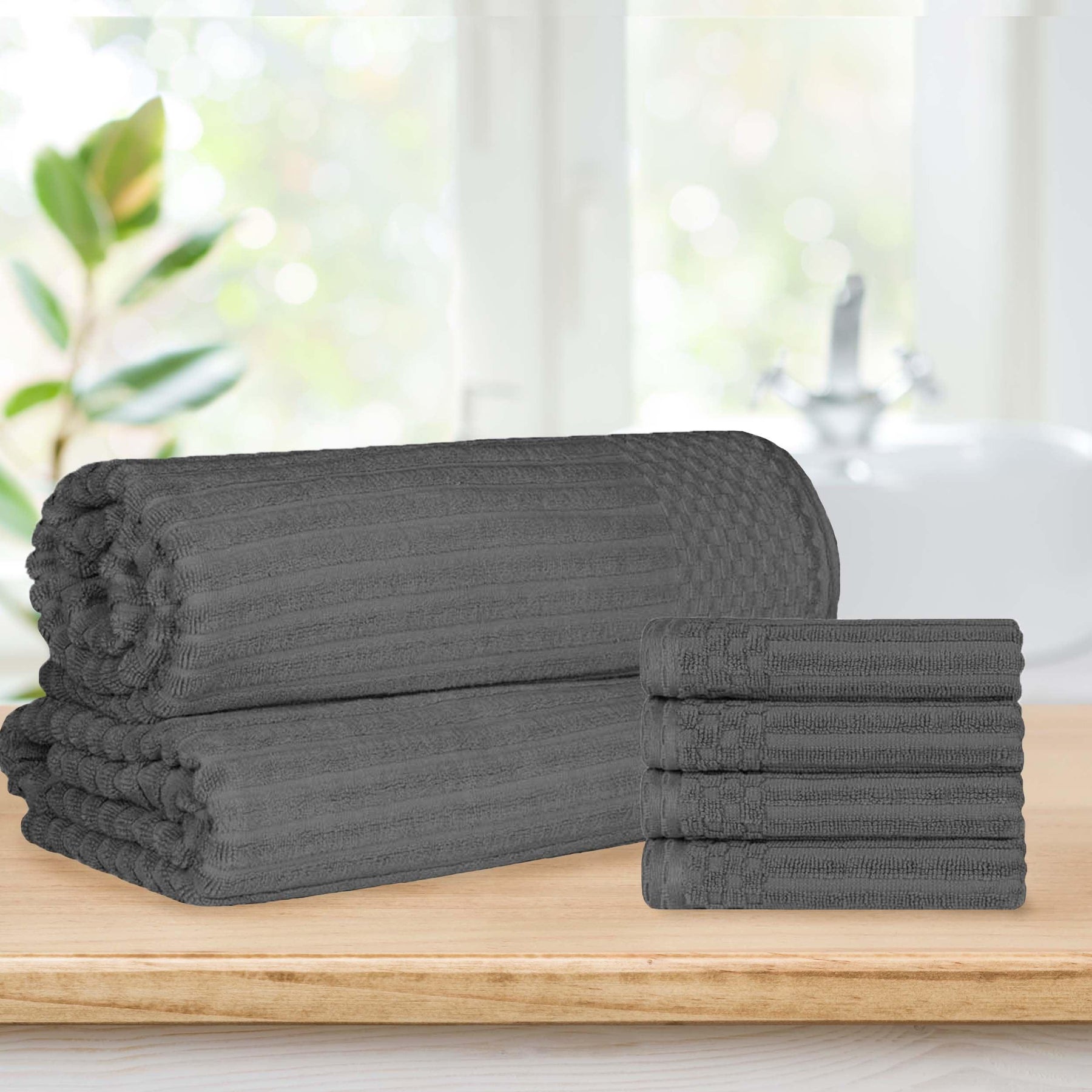 Superior Soho Ribbed Textured Cotton Ultra-Absorbent Hand Towel and Bath Sheet Set - Charcoal