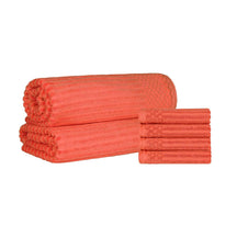  Superior Soho Ribbed Textured Cotton Ultra-Absorbent Hand Towel and Bath Sheet Set - Coral