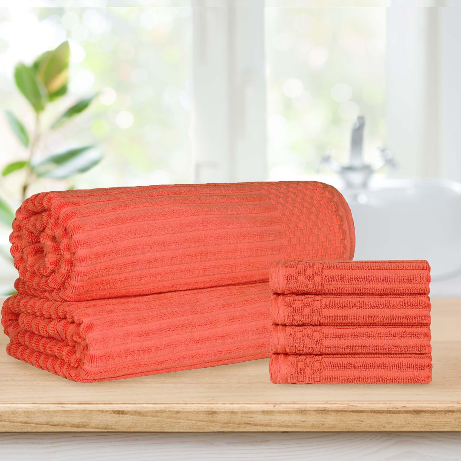 Superior Soho Ribbed Textured Cotton Ultra-Absorbent Hand Towel and Bath Sheet Set - Coral