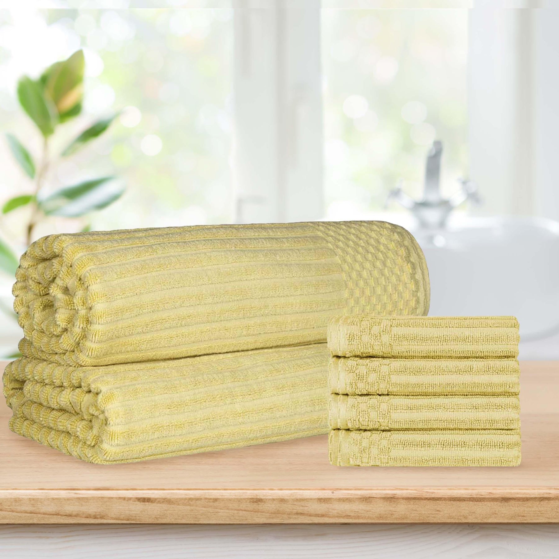 Superior Soho Ribbed Textured Cotton Ultra-Absorbent Hand Towel and Bath Sheet Set - Golden mist