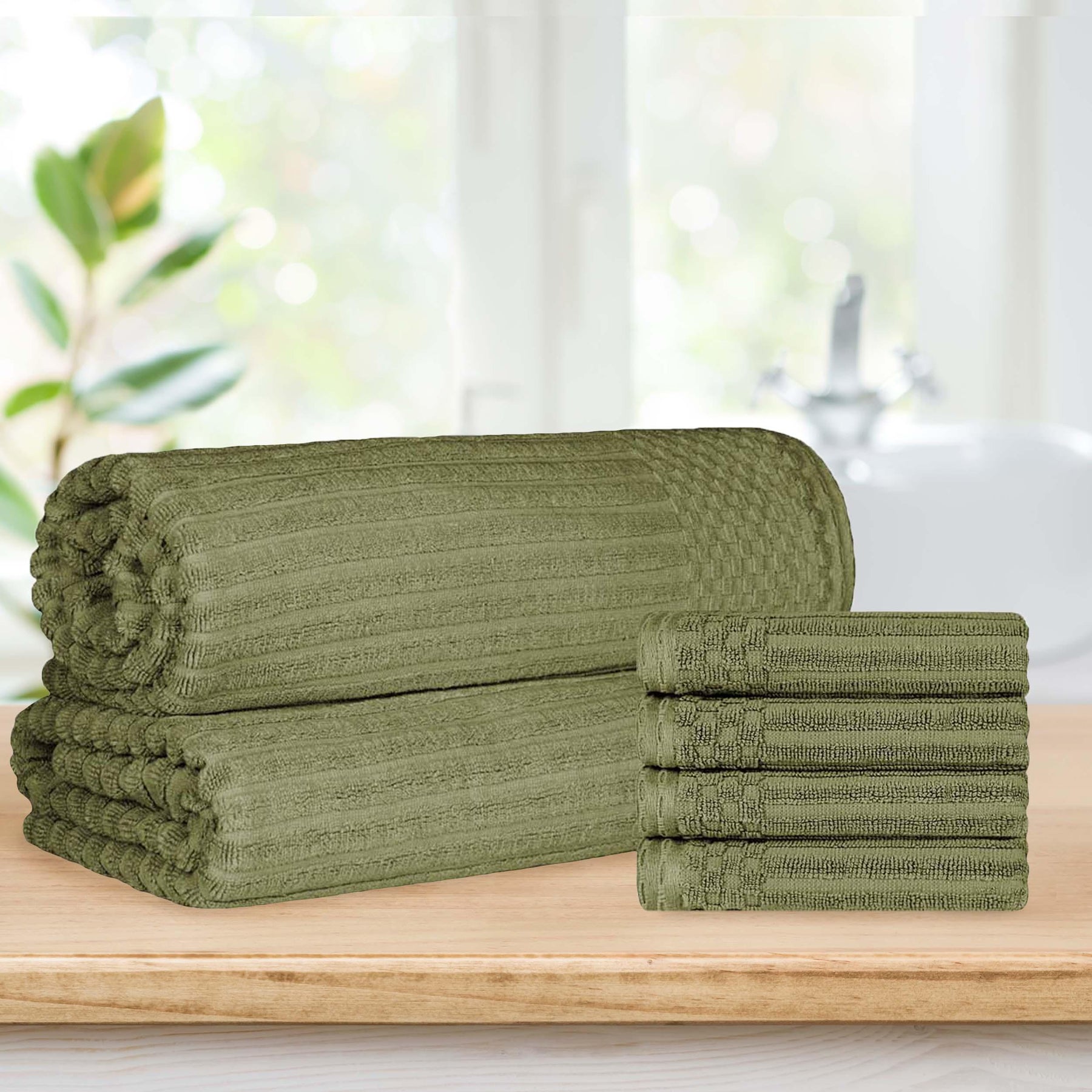 Superior Soho Ribbed Textured Cotton Ultra-Absorbent Hand Towel and Bath Sheet Set - Sage