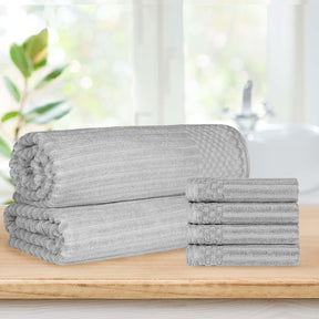  Superior Soho Ribbed Textured Cotton Ultra-Absorbent Hand Towel and Bath Sheet Set - Silver