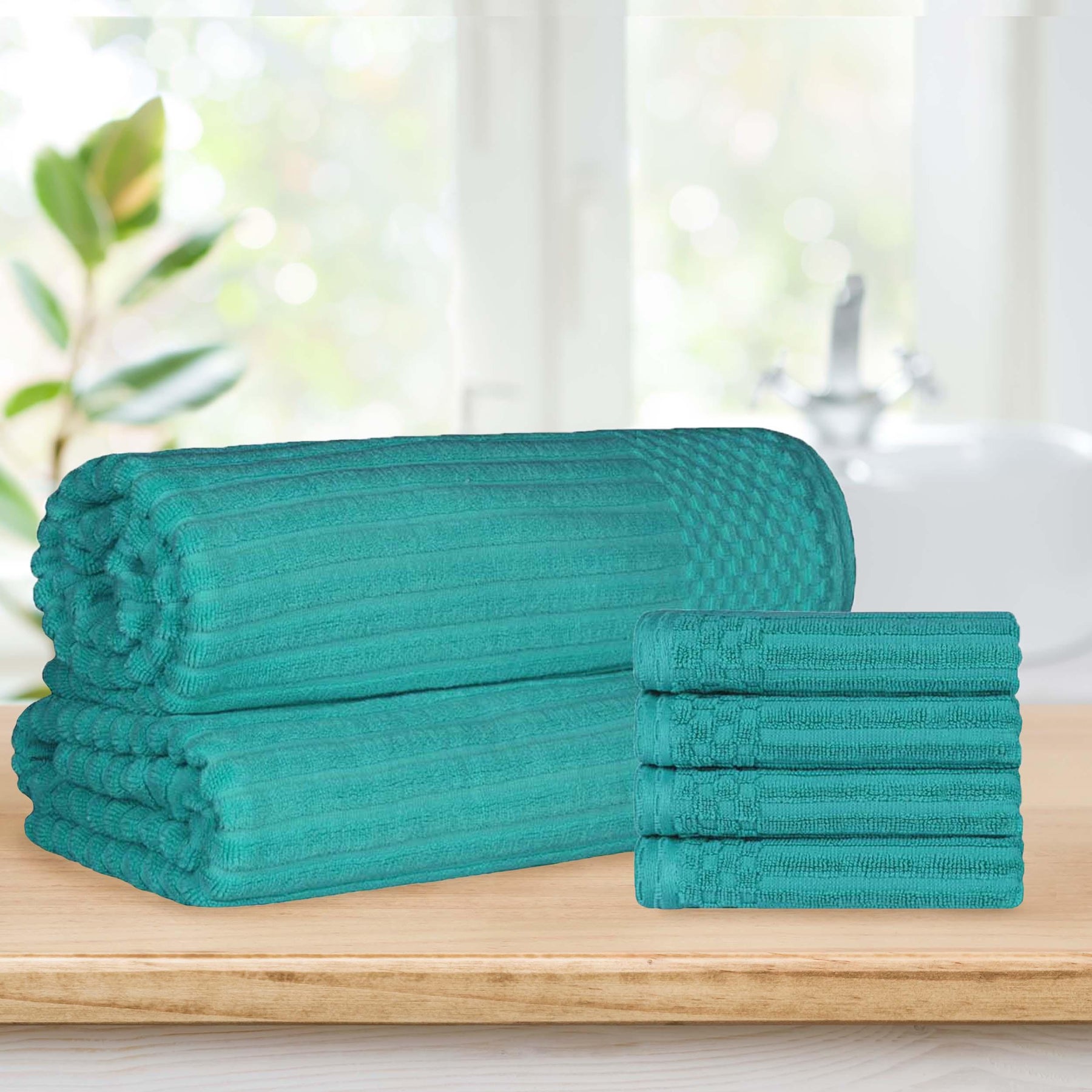  Superior Soho Ribbed Textured Cotton Ultra-Absorbent Hand Towel and Bath Sheet Set - Turquoise