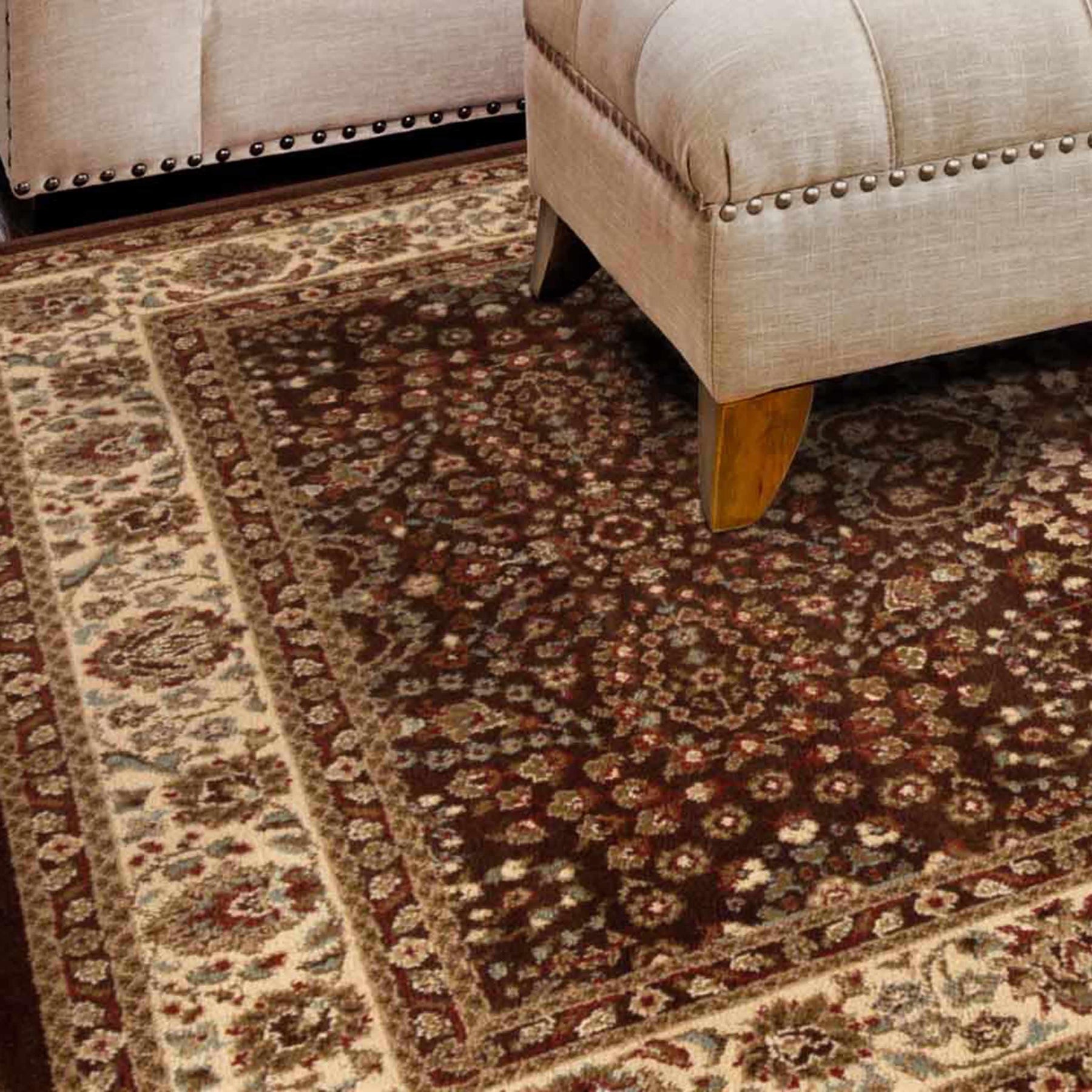 Traditional Oriental Floral Scroll Power-Loomed Indoor Area Rug or Runner - Mocha