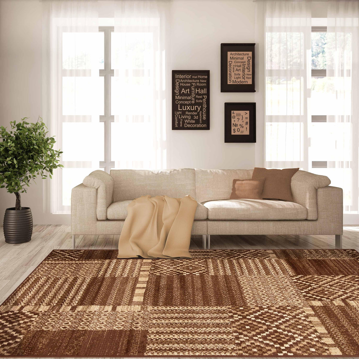 Modern Block Patchwork Power-Loomed Indoor Area Rug or Runner - Taupe