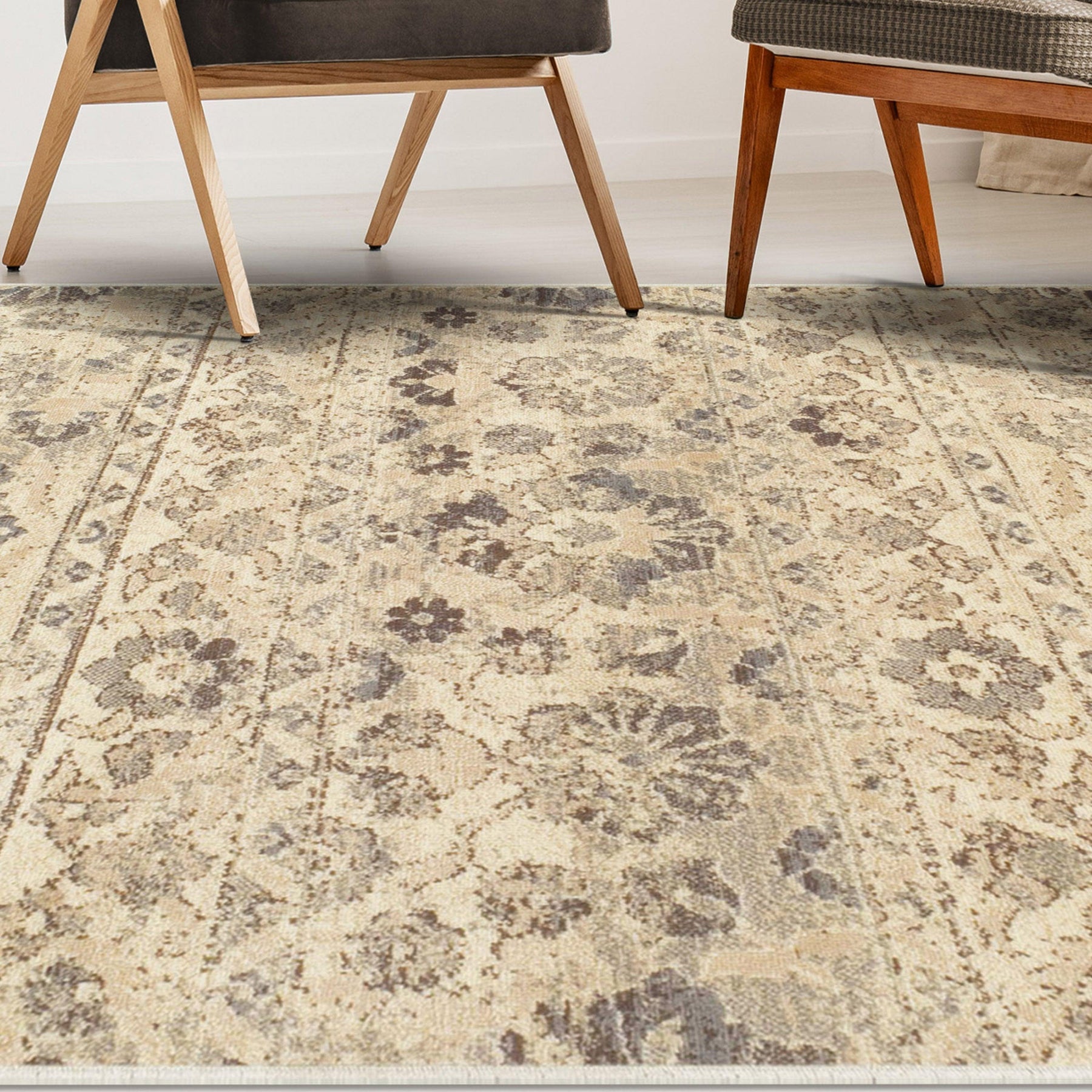 Superior Fawn Distressed Floral Stripes Area Rug - Beige