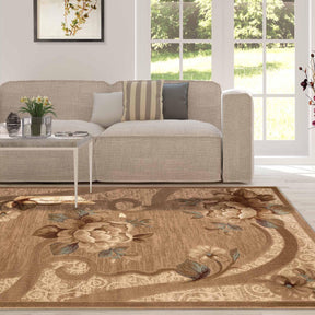 Traditional Oversized Floral Border Power-Loomed Indoor Area Rug or Runner - Taupe