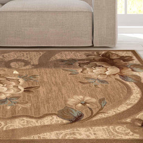 Traditional Oversized Floral Border Power-Loomed Indoor Area Rug or Runner - Taupe