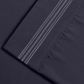 Superior 5 Embroidered Lines Wrinkle Resistant Microfiber Deep Pocket Sheet Set - Navy Blue