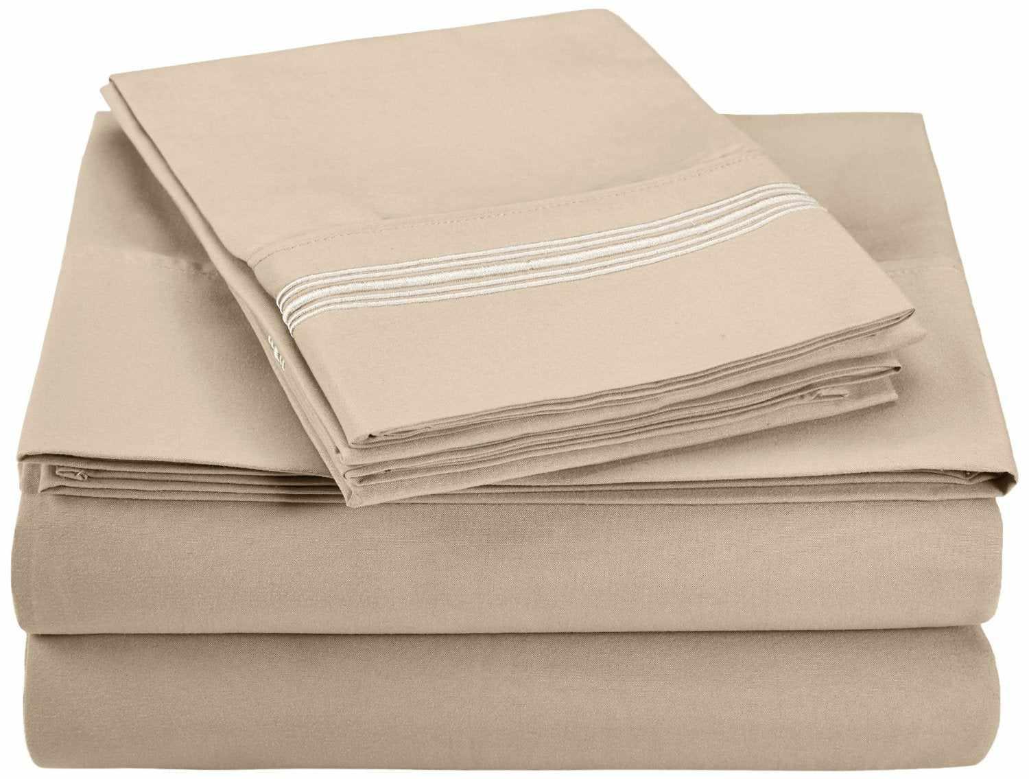 Superior 5 Embroidered Lines Wrinkle Resistant Microfiber Deep Pocket Sheet Set - Tan