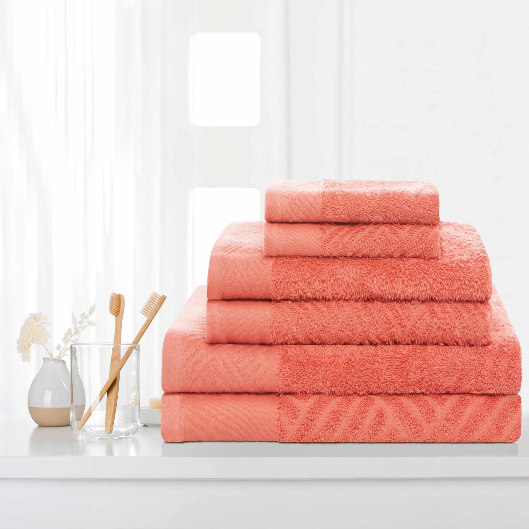 Egyptian Cotton Medium Weight Basket Weave 6 Piece Bath Towel Set - Coral