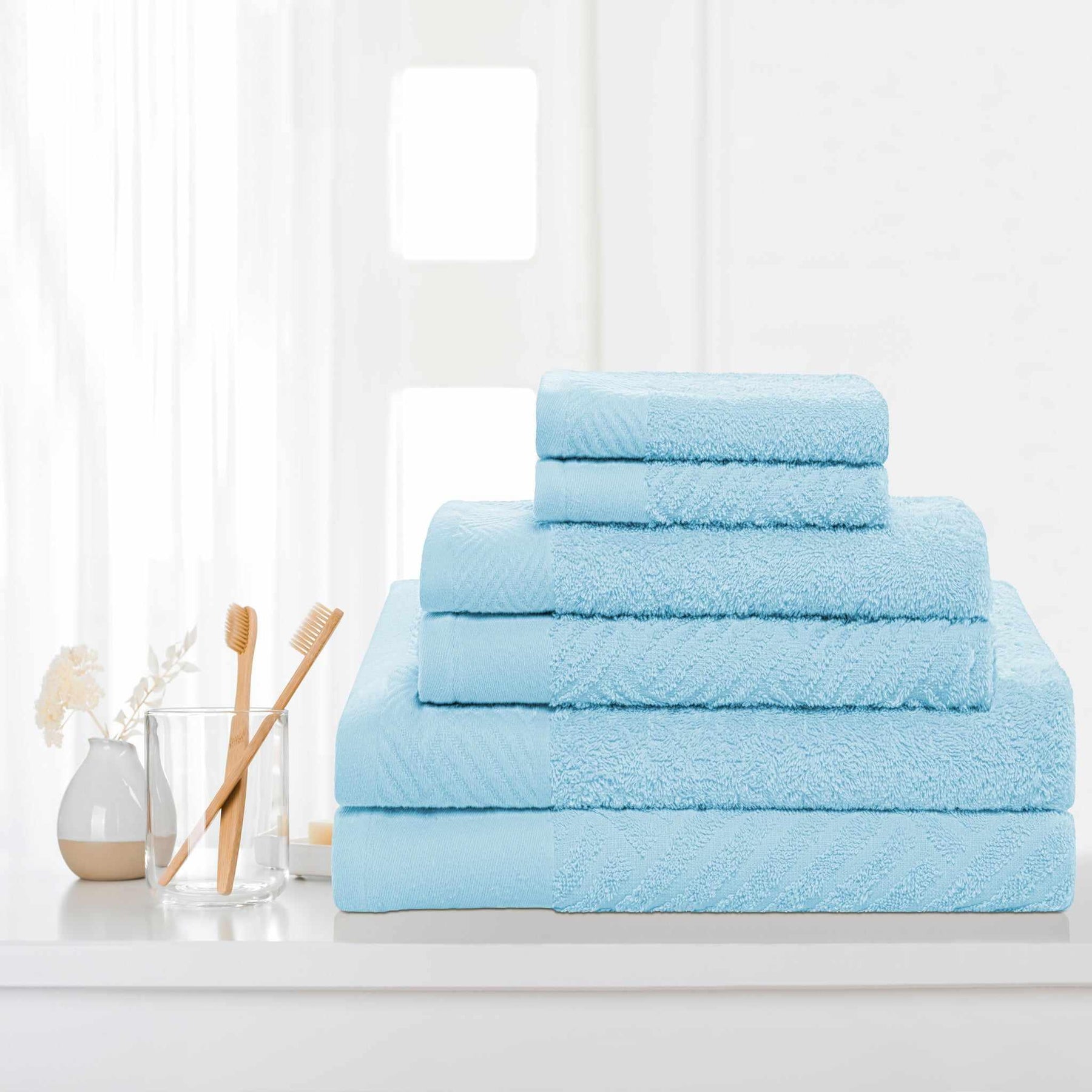 Egyptian Cotton Medium Weight Basket Weave 6 Piece Bath Towel Set - Sky Blue 