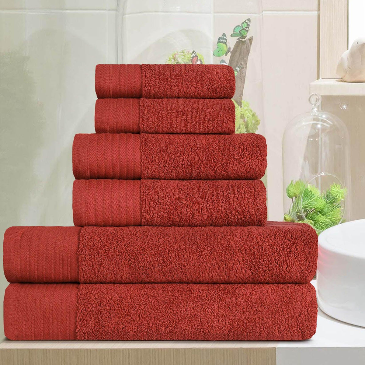 Premium Turkish Cotton Herringbone Solid Assorted 6-Piece Towel Set -  Maroon