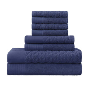 Premium Turkish Cotton Jacquard Herringbone and Solid 8-Piece Towel Set- Navy Blue