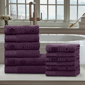 Honeycomb Jacquard 12-Piece Cotton Velour Bath Towel Set - Blackberry Wine