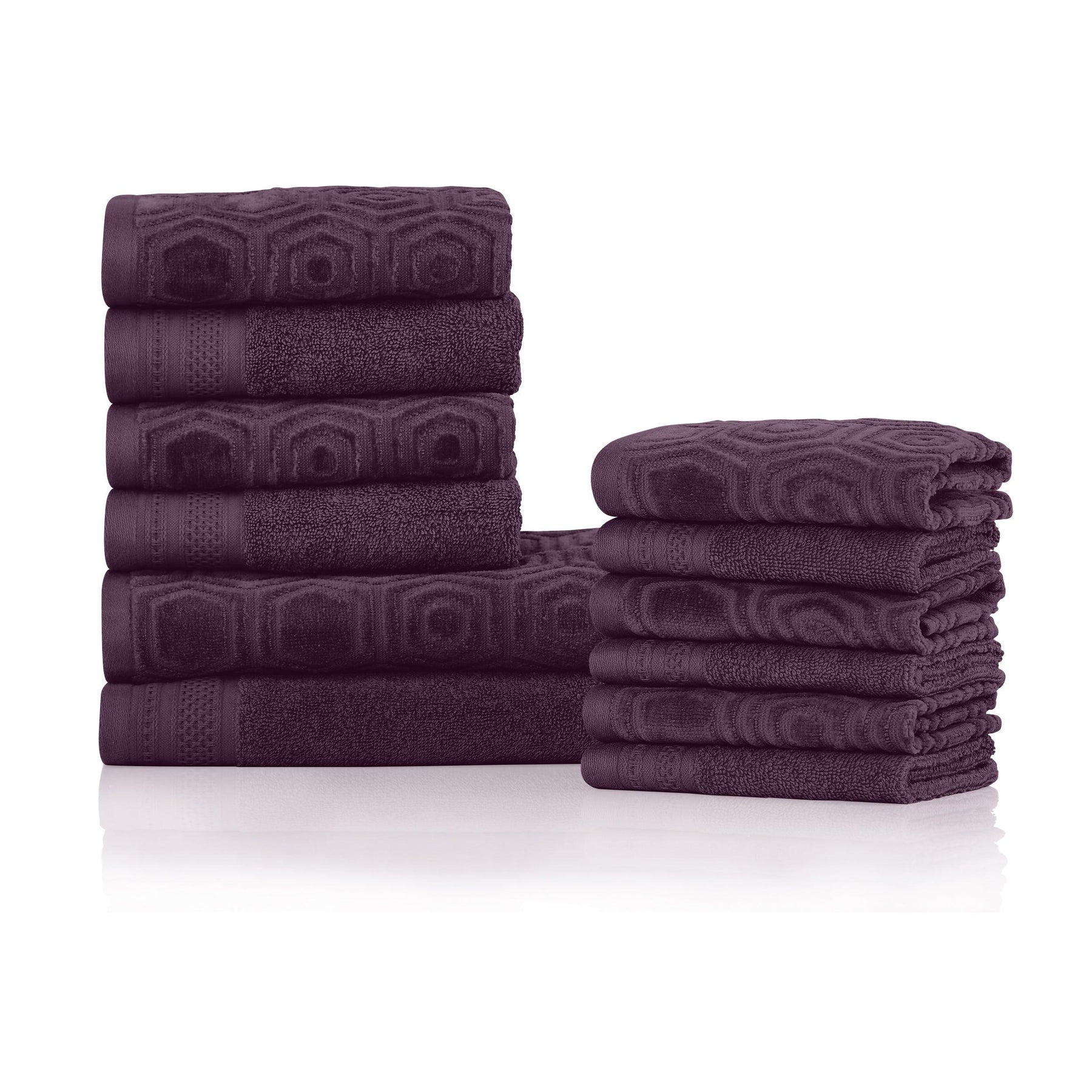 Honeycomb Jacquard 12-Piece Cotton Velour Bath Towel Set - Blackberry Wine