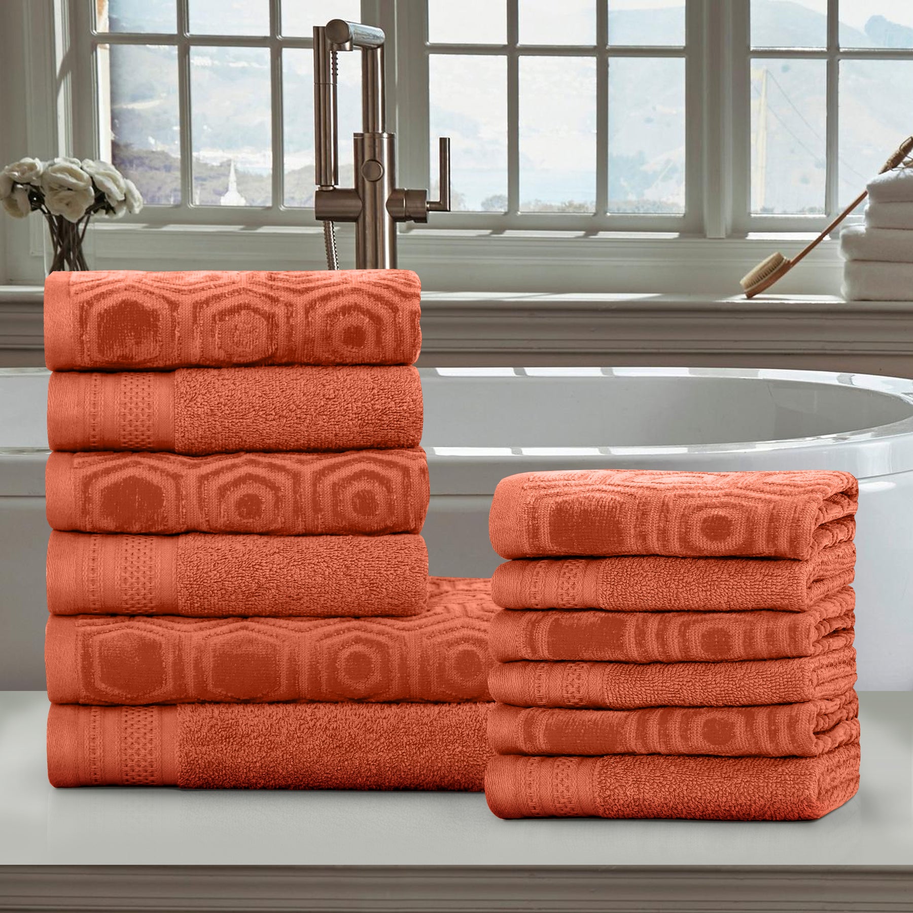 Honeycomb Jacquard 12-Piece Cotton Velour Bath Towel Set - Chestnut