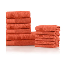 Honeycomb Jacquard 12-Piece Cotton Velour Bath Towel Set - Chestnut