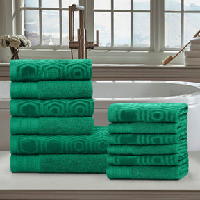 Honeycomb Jacquard 12-Piece Cotton Velour Bath Towel Set - Gumdrop Green