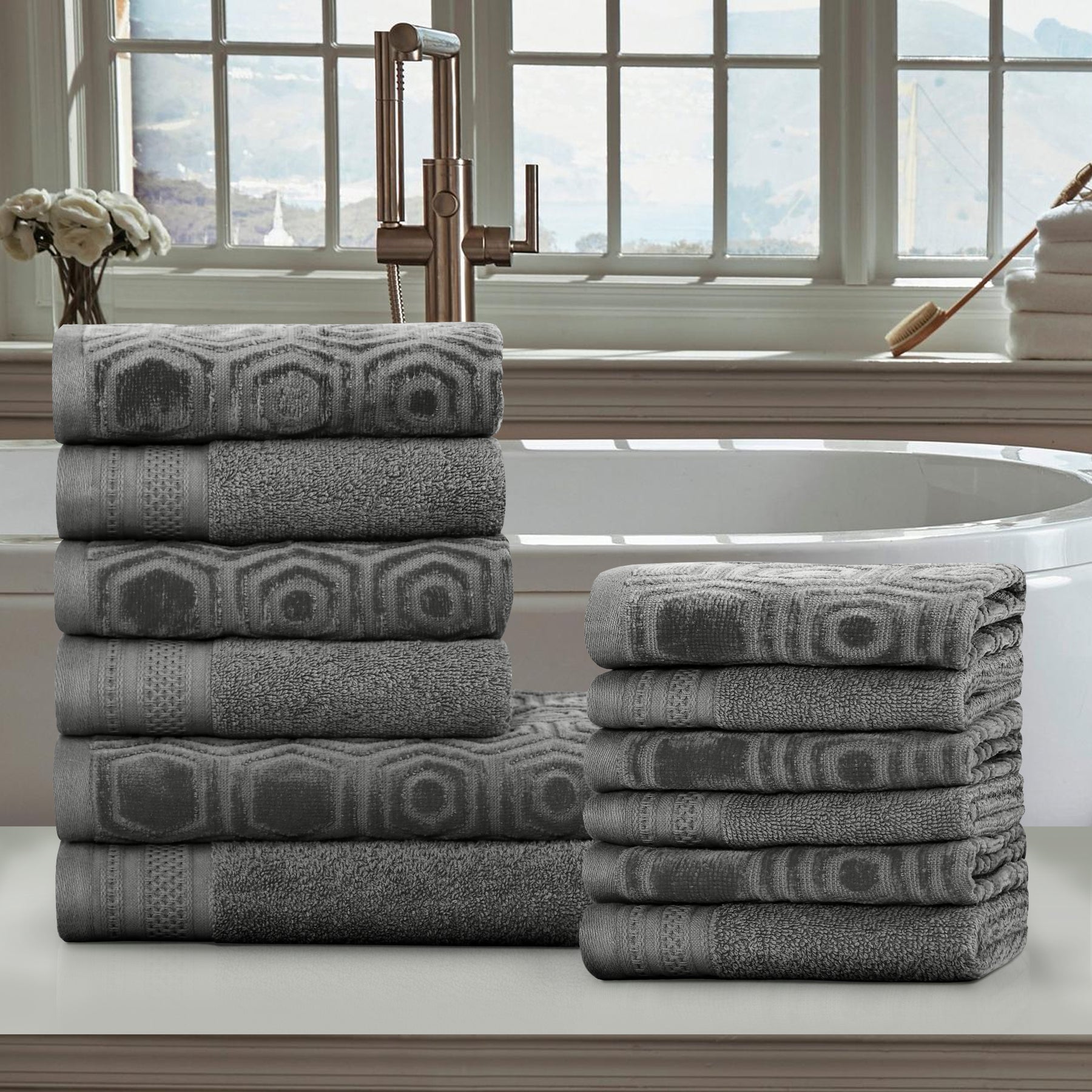 Honeycomb Jacquard 12-Piece Cotton Velour Bath Towel Set - Gunmetal