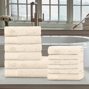Honeycomb Jacquard 12-Piece Cotton Velour Bath Towel Set - Ivory