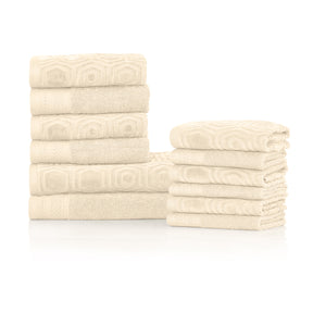 Honeycomb Jacquard 12-Piece Cotton Velour Bath Towel Set - Ivory