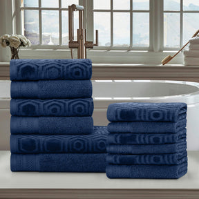 Honeycomb Jacquard 12-Piece Cotton Velour Bath Towel Set - Navy Peony