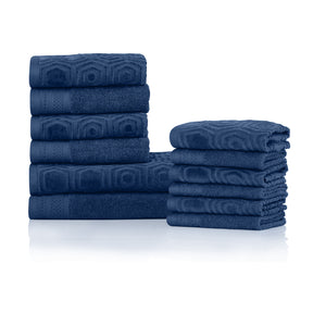 Honeycomb Jacquard 12-Piece Cotton Velour Bath Towel Set - Navy Peony