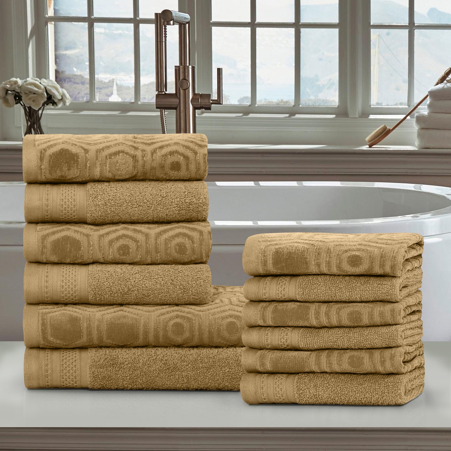 Honeycomb Jacquard 12-Piece Cotton Velour Bath Towel Set - Sahara