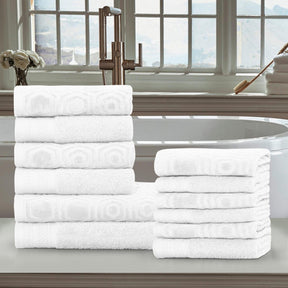 Honeycomb Jacquard 12-Piece Cotton Velour Bath Towel Set - White