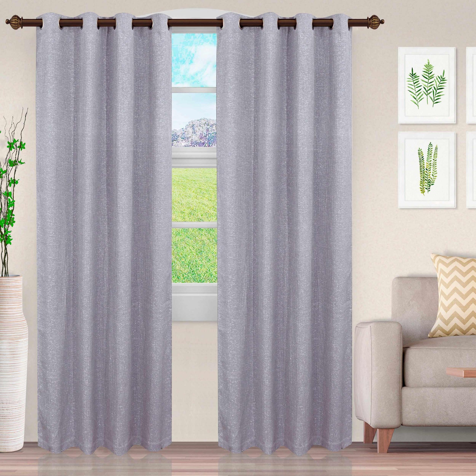 Metallic Jacquard 2-Piece Grommet Curtain Panel Set - Grey