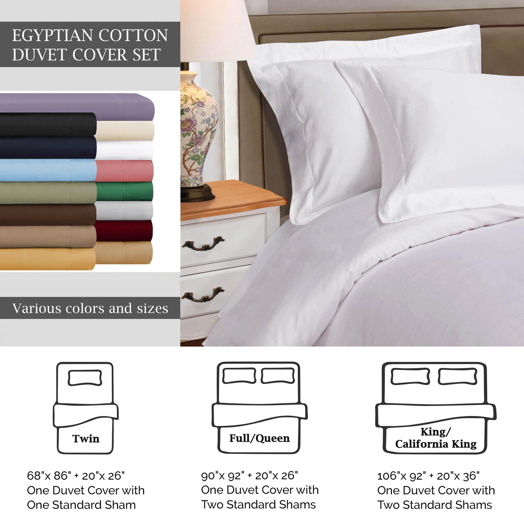  Superior Premium Egyptian Cotton 530 Thread Count Solid Duvet Cover Set -  White