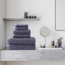 Denim Wash Jacquard 6-Piece Cotton Bath Towel Set - Navy Blue