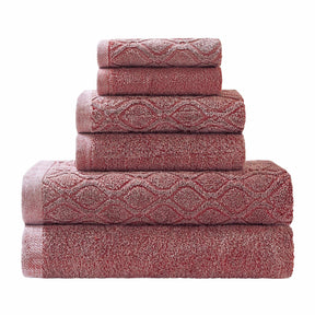 Denim Wash Jacquard 6-Piece Cotton Bath Towel Set - Rumba Red