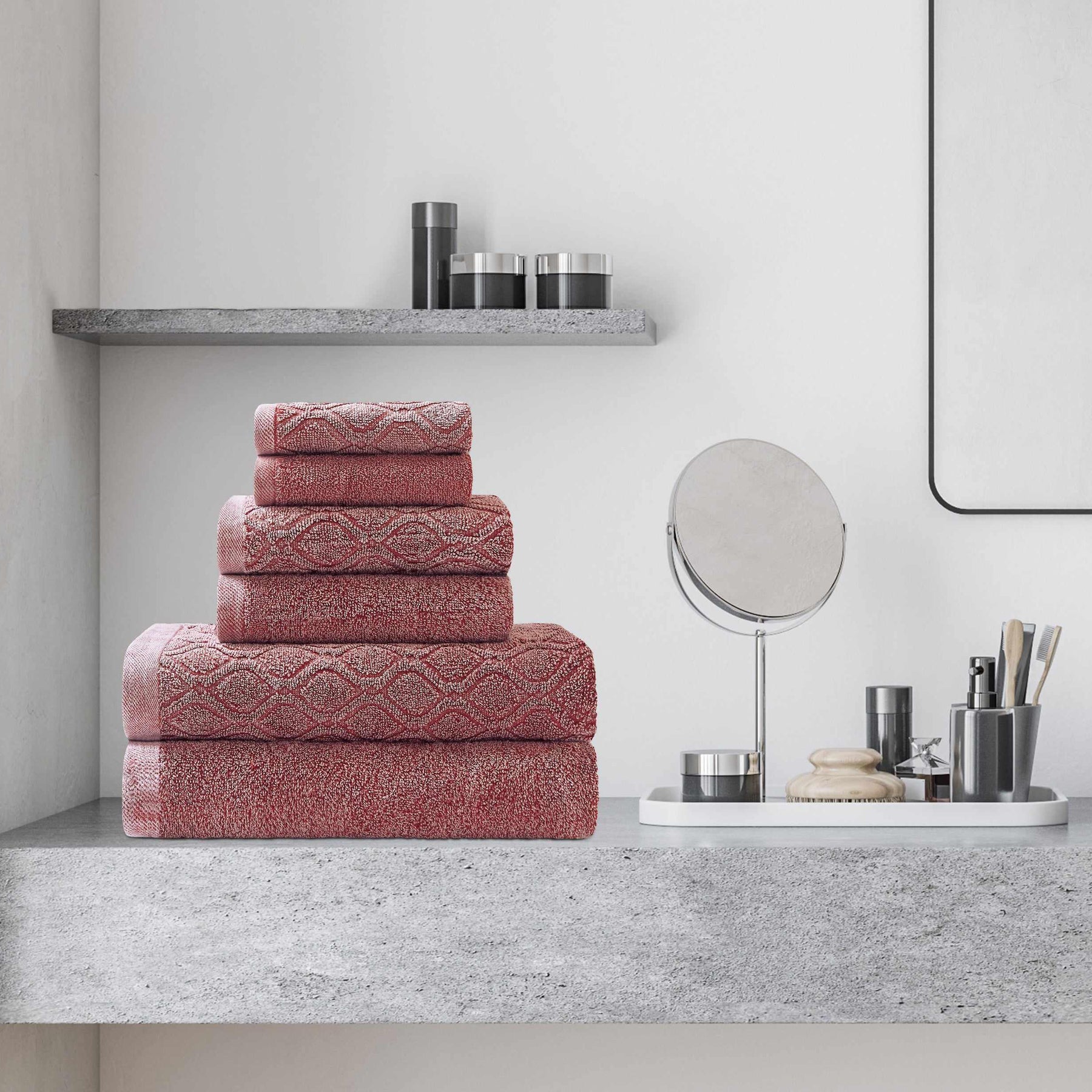 Denim Wash Jacquard 6-Piece Cotton Bath Towel Set - Rumba Red