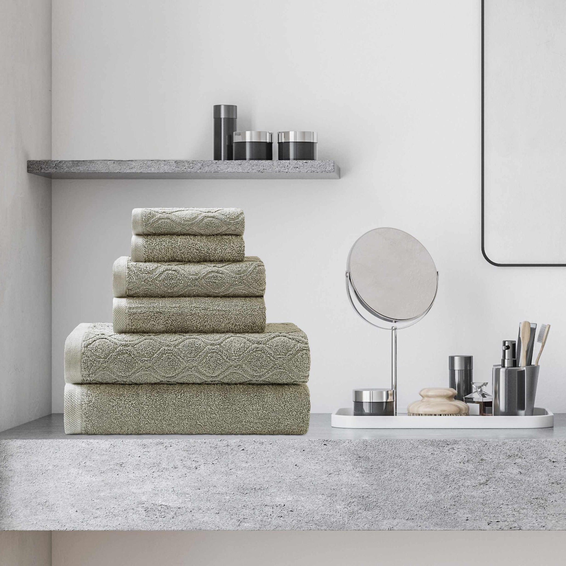 Denim Wash Jacquard 6-Piece Cotton Bath Towel Set - Sage