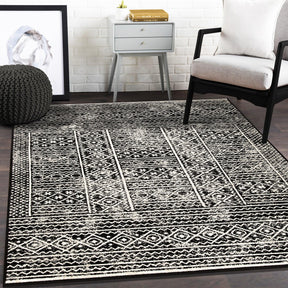 Formal Geometric Border Indoor Area Rug or Runner - Black