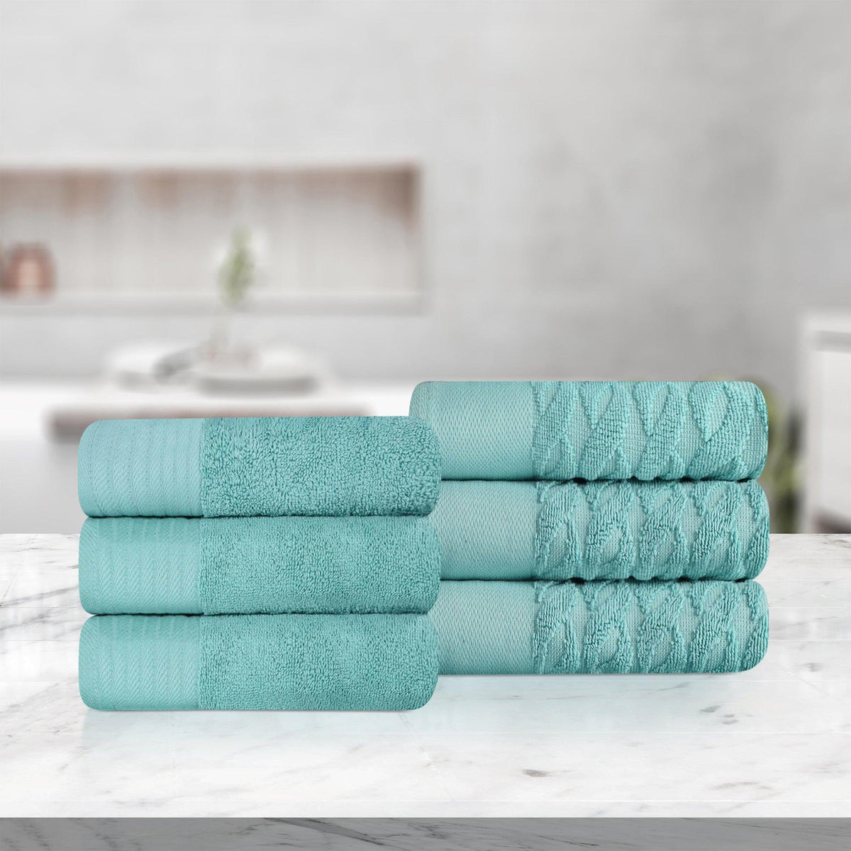 Premium Turkish Cotton Jacquard Herringbone and Solid 6-Piece Hand Towel Set - Cascade